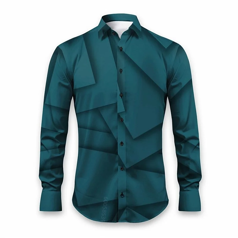 Men's lapel button long sleeved shirt with geometric angular pattern, trendy commuting casual shirt top