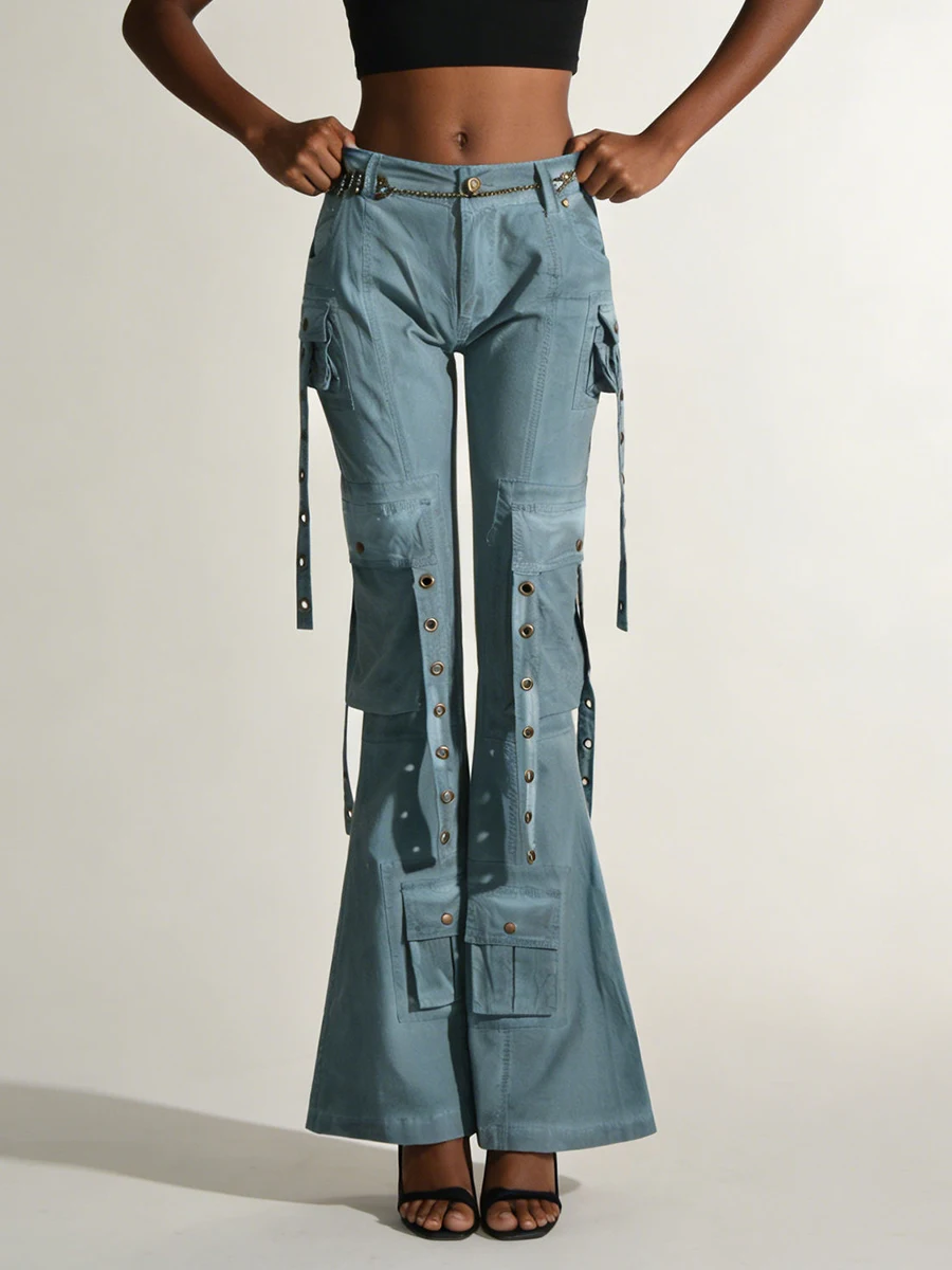 VGH Solid Trend Slimming Design Sense Denim Trousers For Women High Waist Spliced Metal Summer Temperament Jeans Female Fashion