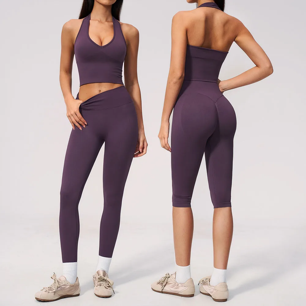 Seamless Gym Clothing Women 2PCS Yoga Suit Workout Clothes Halter Shockproof Sports Bra High Waist Cycling Leggings Tracksuits
