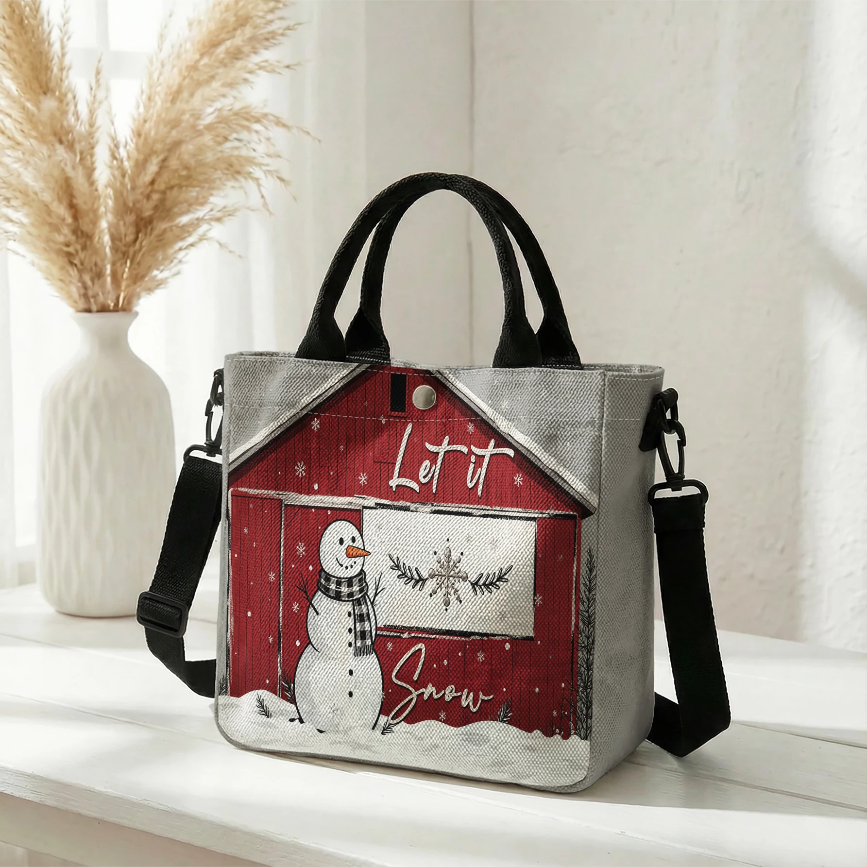 Let It Snow Snowman Red Barn Print Tote Bag, Detachable Strap Crossbody Handbag For Daily Work Shopping