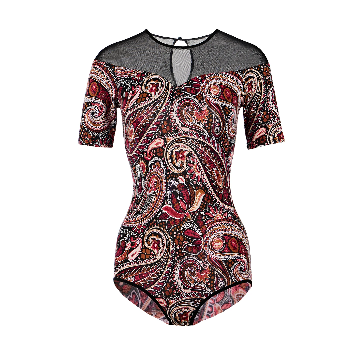 Topy do tańca latynoamerykańskiego dla kobiet z siateczki z krótkim rękawem i nadrukiem, body do ćwiczeń tańca latynoamerykańskiego, stroje do tańca towarzyskiego DN22371