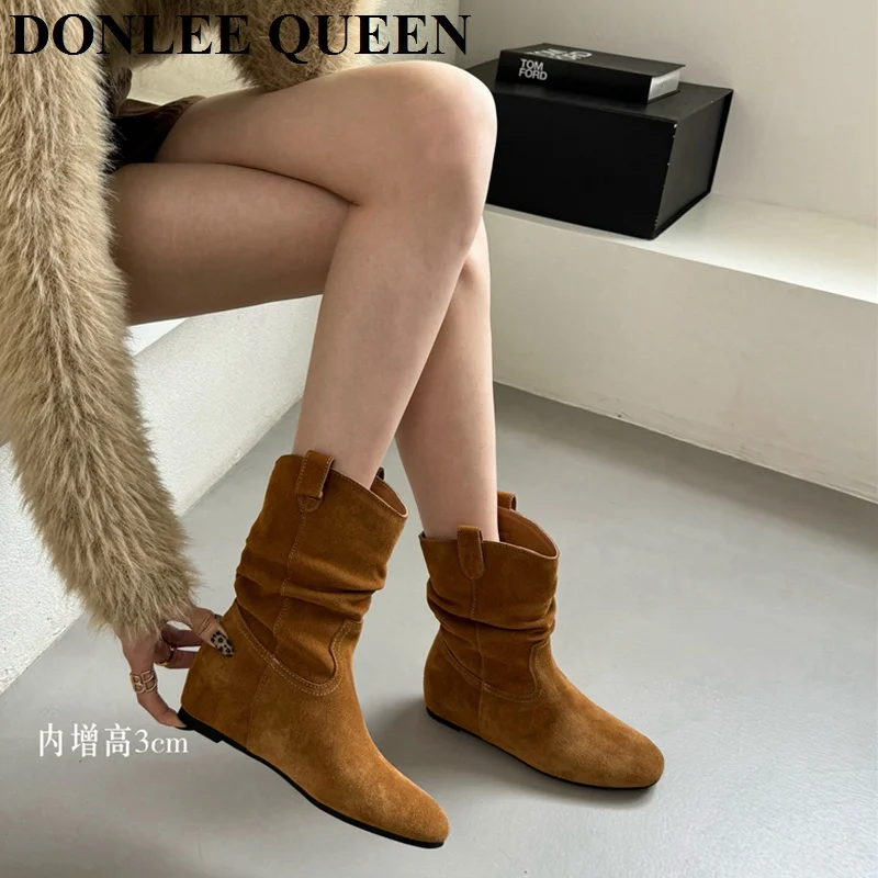 

Round Toe Wedges Flat Heels Ankle Boots Women Fashion Western Cowboy Boots Women 2024 Winter Retro Pleated Booties Autumn Shoes