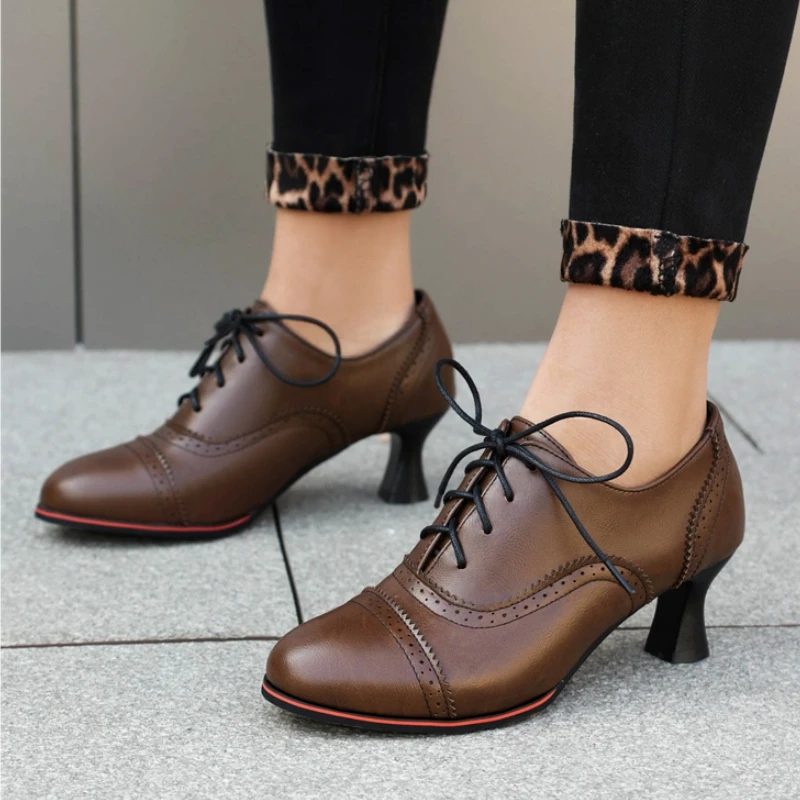 Vintage Low Short Heels Pumps Loafers Shoes Blue Red Black Women\'s Heeled Lace-up Casual Party Office Shoes Large Size 45 50