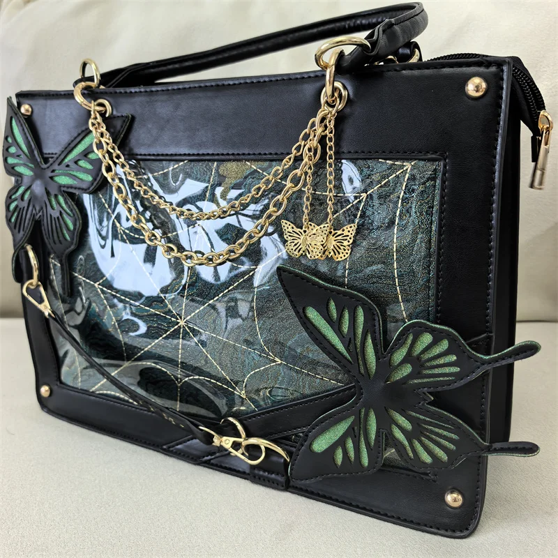 Fashion Harajuku Ita Bag Y2K Dark Gothic Style Butterfly Spider Web Chain Tote Gluing Transparent PVC Chic Women Shoulder Bag view 2