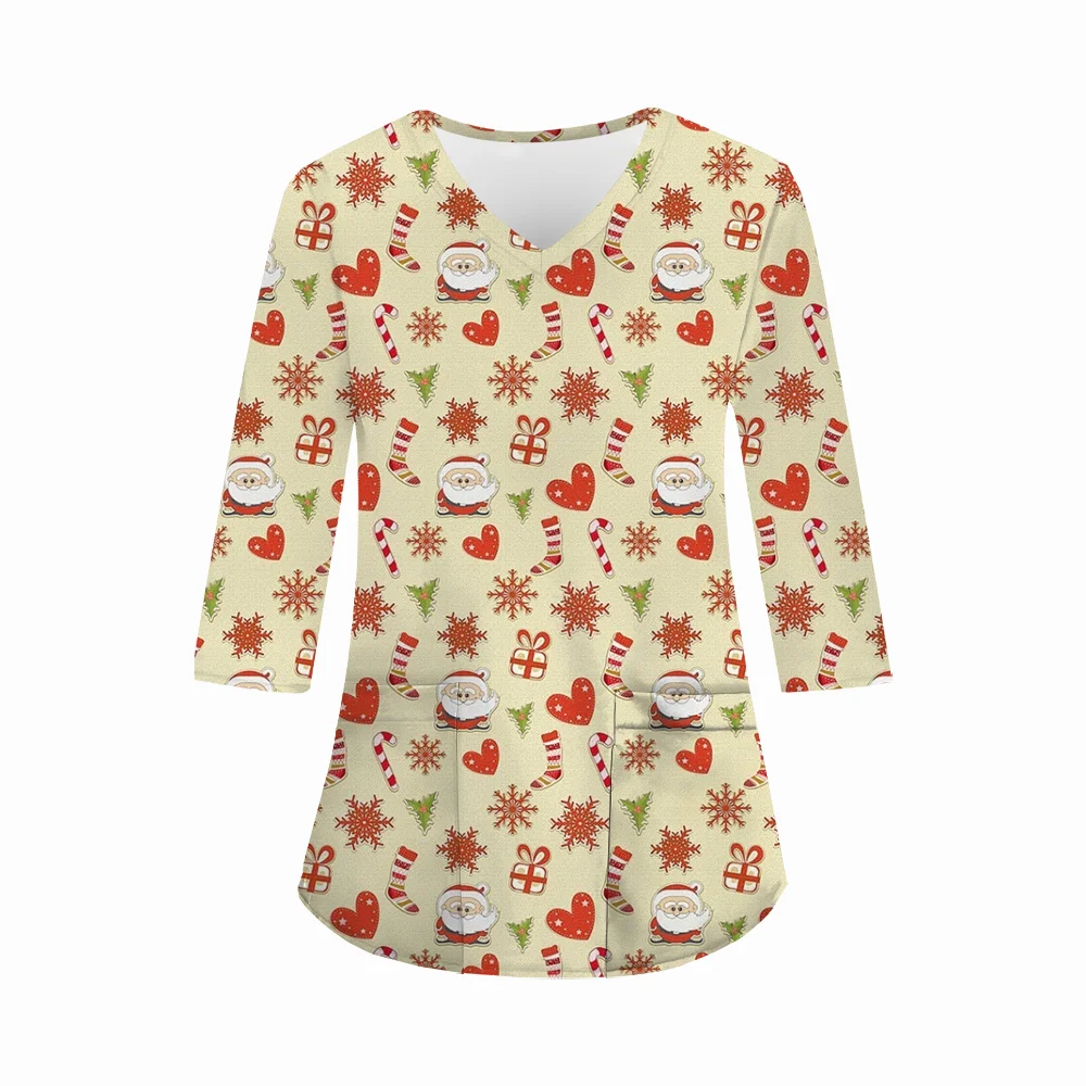 

New Christmas Surgical Uniforms Woman Funny Cartoon Print Dental Vet Nurse Microelastic V-Neck with Long Sleeves Medical Uniform