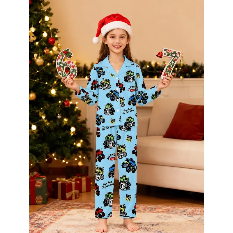 Kids Unisex Long Sleeve Lapel Pajama Set, Mixed Animal & Halloween Cartoon Print Sleep Loungewear, Perfect Birthday & Xmas Gift