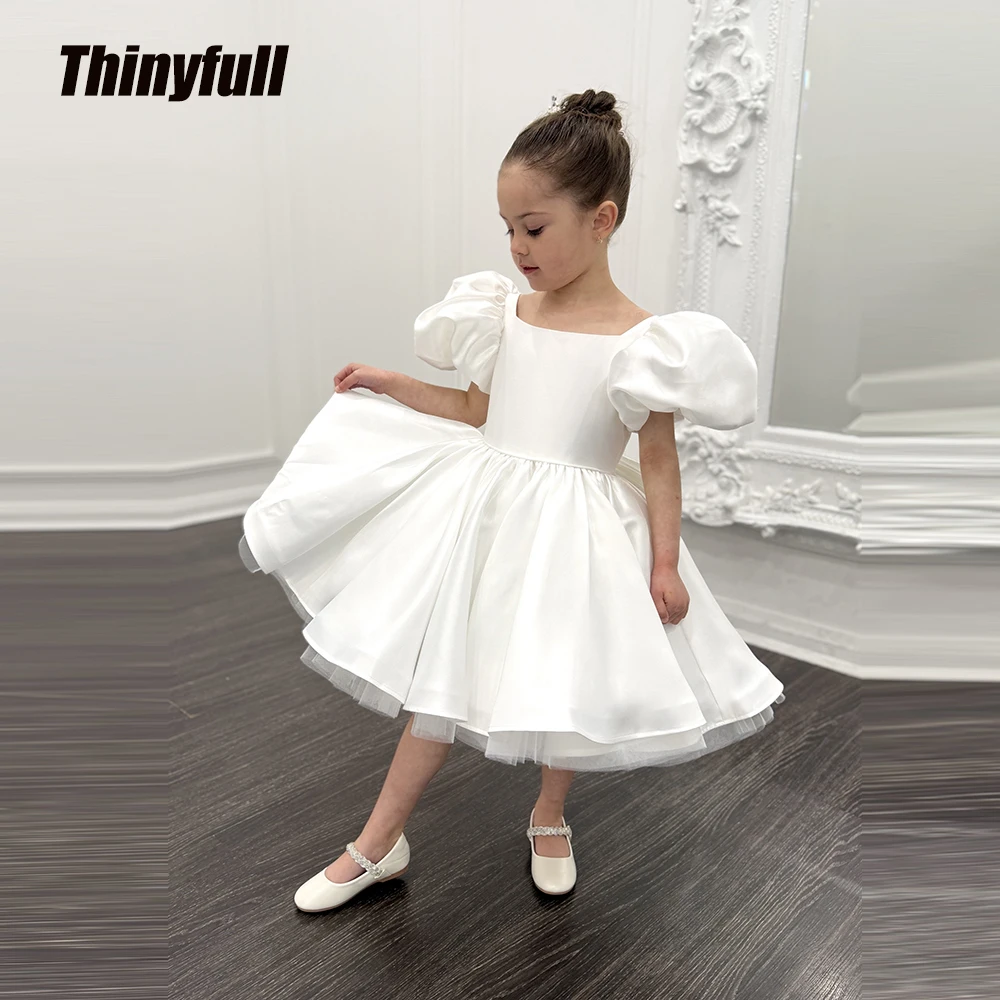 

Thinyfull A-line Flower Girl Dress with Bow Short Sleeves Satin Children's Evening Dresses Birthday Gowns for Girls Customized