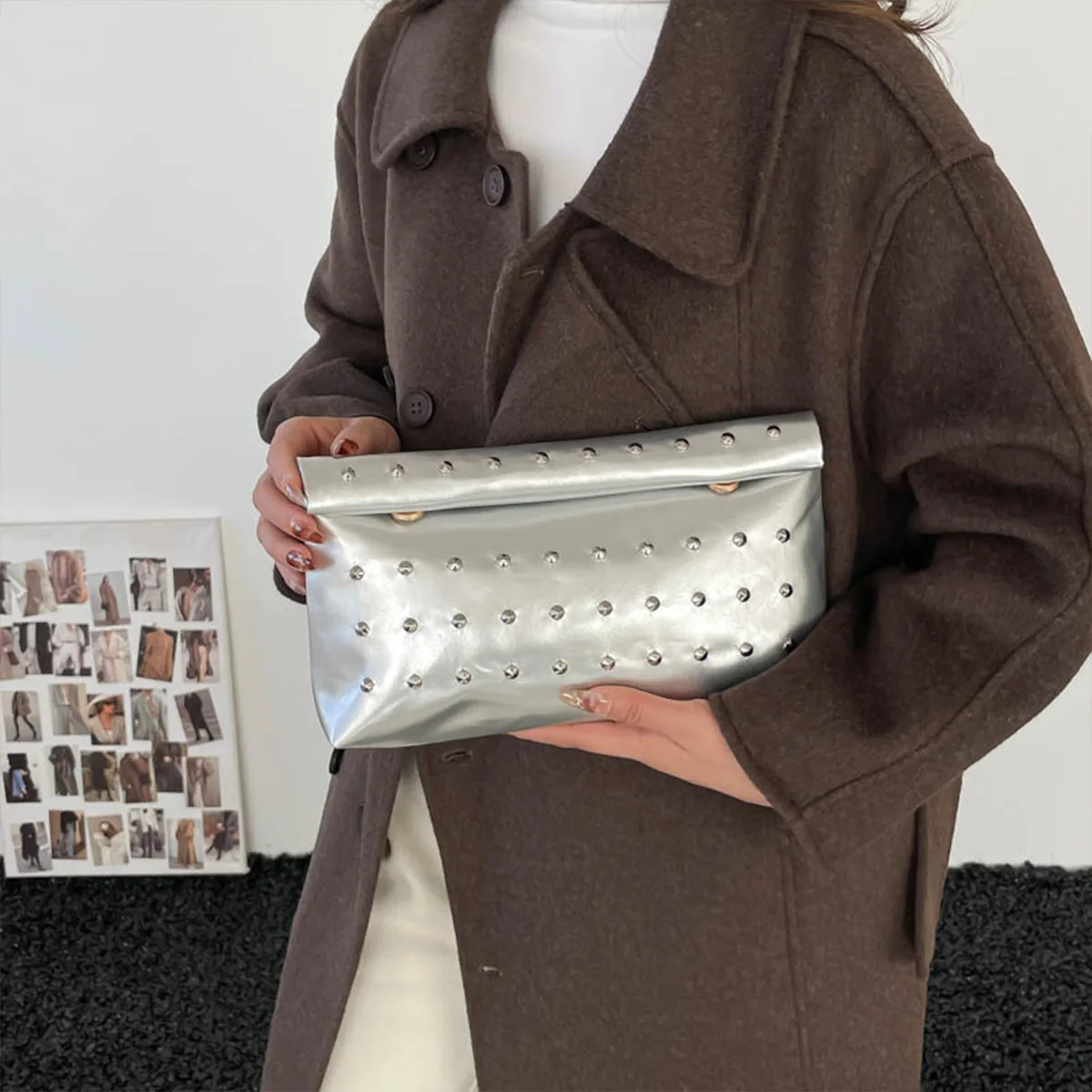 2026 Light Luxury Clutch Bag Glitter PU Leather Evening Bag Rivet Solid Color Handbag For Banquet Dance