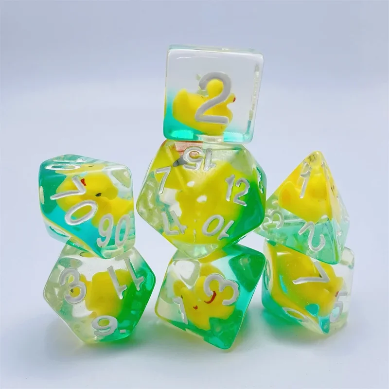 New 7 Pieces Acrylic Polyhedral Dices Set Bar Toys Filled With Ducks D6 Data D8 D10 D12 D20 Dice Role For TRPG DND Accessories