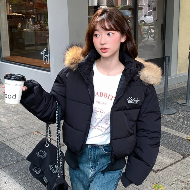 

Korean Street Fur Hooded Jacket for Women, Winter Fashion, All Match Puffer Down, Cotton Parka, Luxury Cotton-Padded Cropped