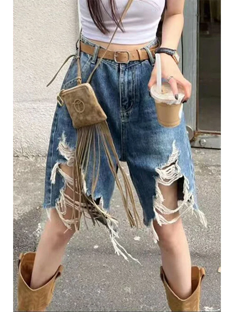 Women\'s Blue Knee Length Ripped Shorts 2024 Summer Vintage Oversize High Waist A-line Shorts Y2k Baggy Harajuku Korean Clothes