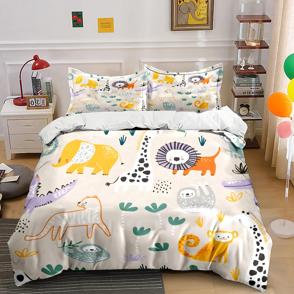 Bettwäsche-Set mit Cartoon-Tieren und Pflanzenmuster, Digitaldruck, bunte Polyester-Bettwäsche mit Reißverschluss für Kindergeschenke