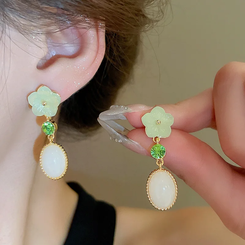 New Chinese style, imitation jade with diamonds, flower silver needle earrings, elegant national style, niche temperament
