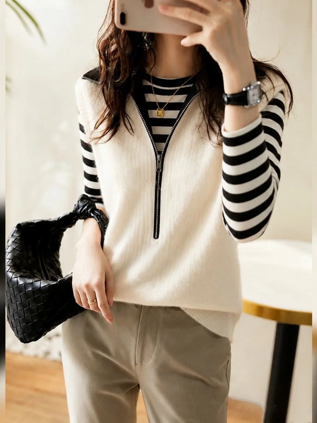 Fashionable Knitted Vest Commute Design Half Zip Color Block New Arrival Autumn Season Versatile Women's Outerwear Poetic Lin