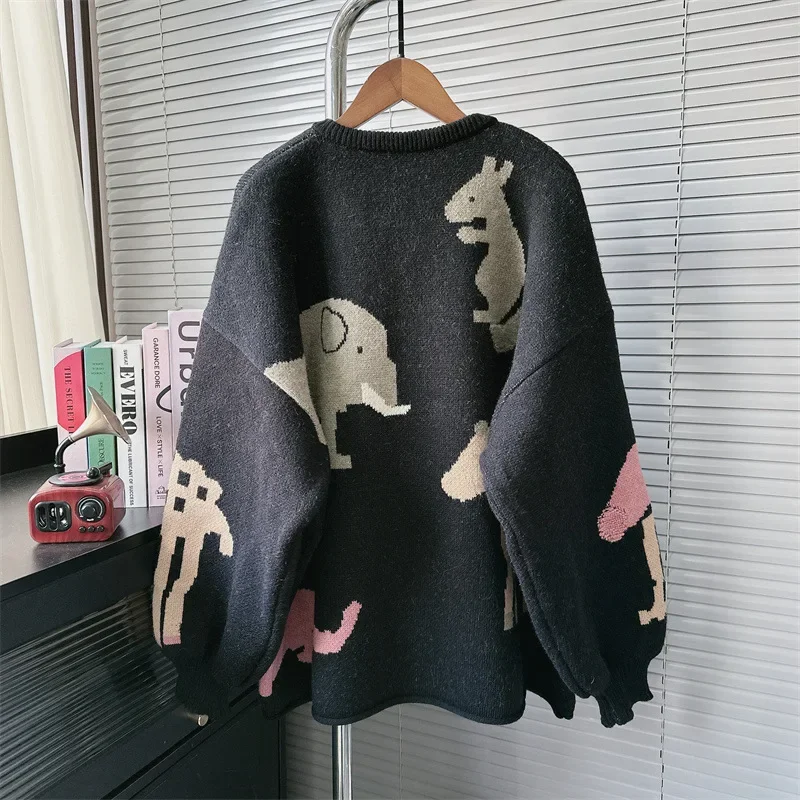 KBQ Korean 2025 New Design Sense Animal Pattern Coats For Women Loose and Slimming Knitted Cardigan Round Neck Sweater Female