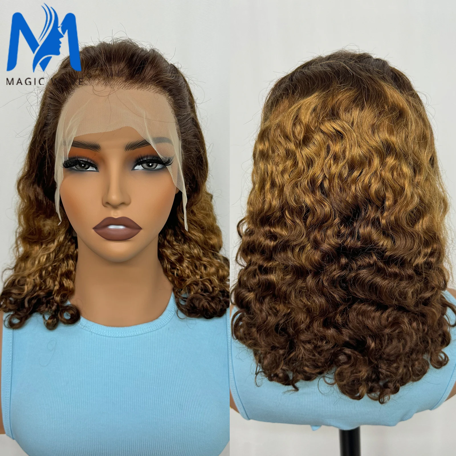 4/30/4 Color Water Wave Short Bob Remy Human Hair Wigs 13x4 Lace Frontal 200% Density Bob Curly Hair Wigs for Black Women