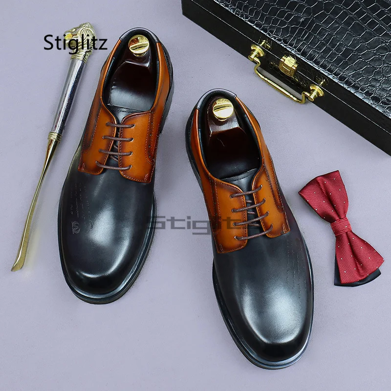 Business Dress Men's Genuine Leather Shoes Thick Bottom British Style Handmade Patchwork Office Elegant Male Social Shoes