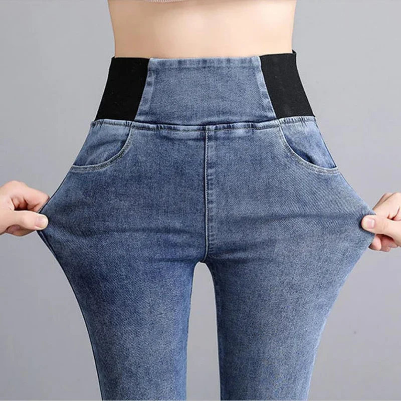 Pantalones vaqueros ajustados negros de talla grande 26-38 para mujer, Pantalones vaqueros ajustados de cintura alta, mallas elásticas, Vaqueros