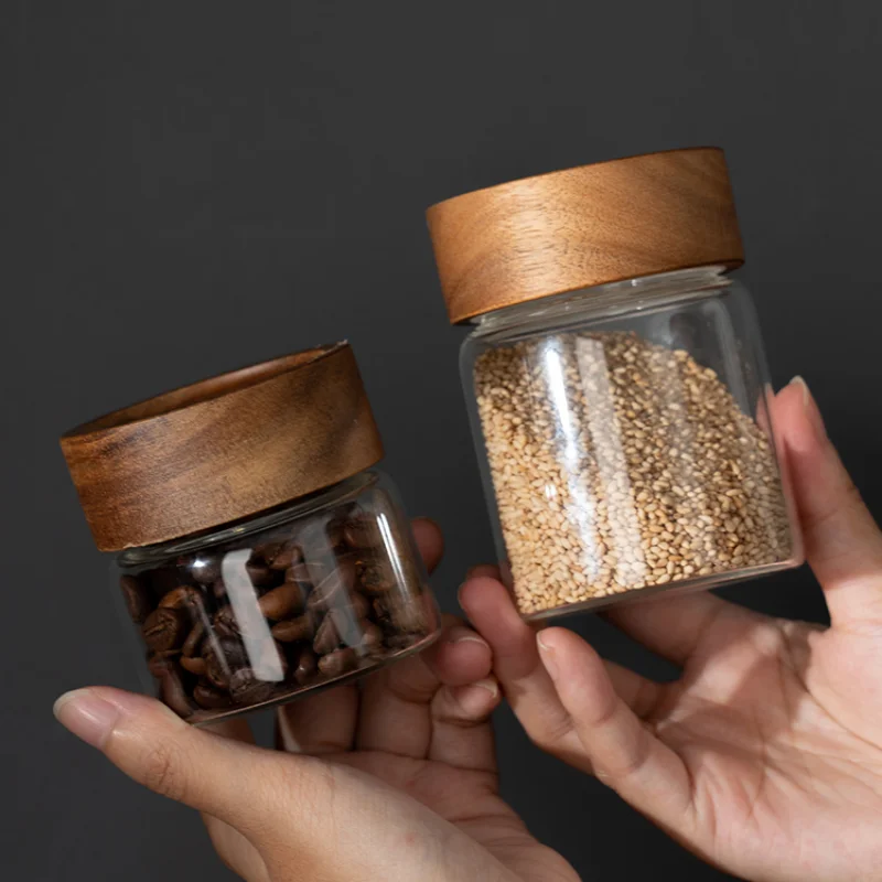 Coffee Powder Sealed Jar Transparent Glass Tea Cans Candy Food Storage Jar Wooden Lid Grain Storage Container Kitchen Utensils