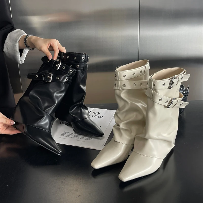 

wedges flared Boots Woman Shoes fashion buckle Motorcycle Boot leather slip on Mid Calf Boots black white zapatos de mujer