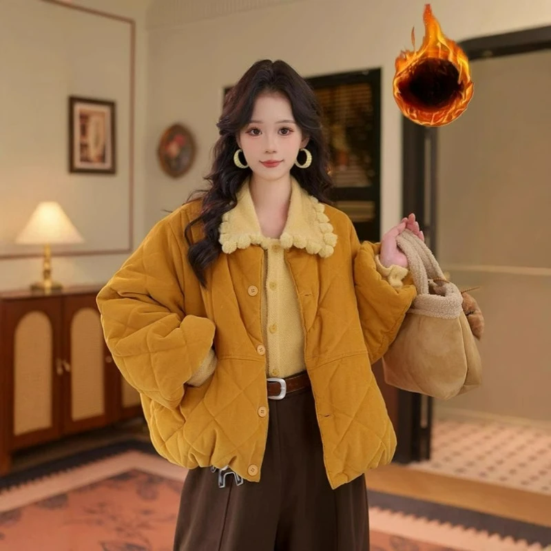 Autumn and Winter New Design Sense Round Neck Versatile Cotton Jacket Women Solid Color Loose Fit Slimming Warm Cotton Jacket