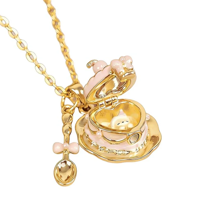 Hot Sell Cute Openable Cupcake Enamel Ring Pendant Necklace Collarbone Chain Jewelry Sweet Spoon Accessory Girlish Birthday Gift
