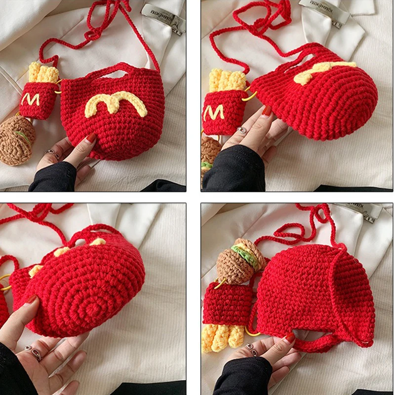 MINISO Handmade Crochet Burger Fries Woolen Bag Cute Bag Shoulder Small Crossbody Bag