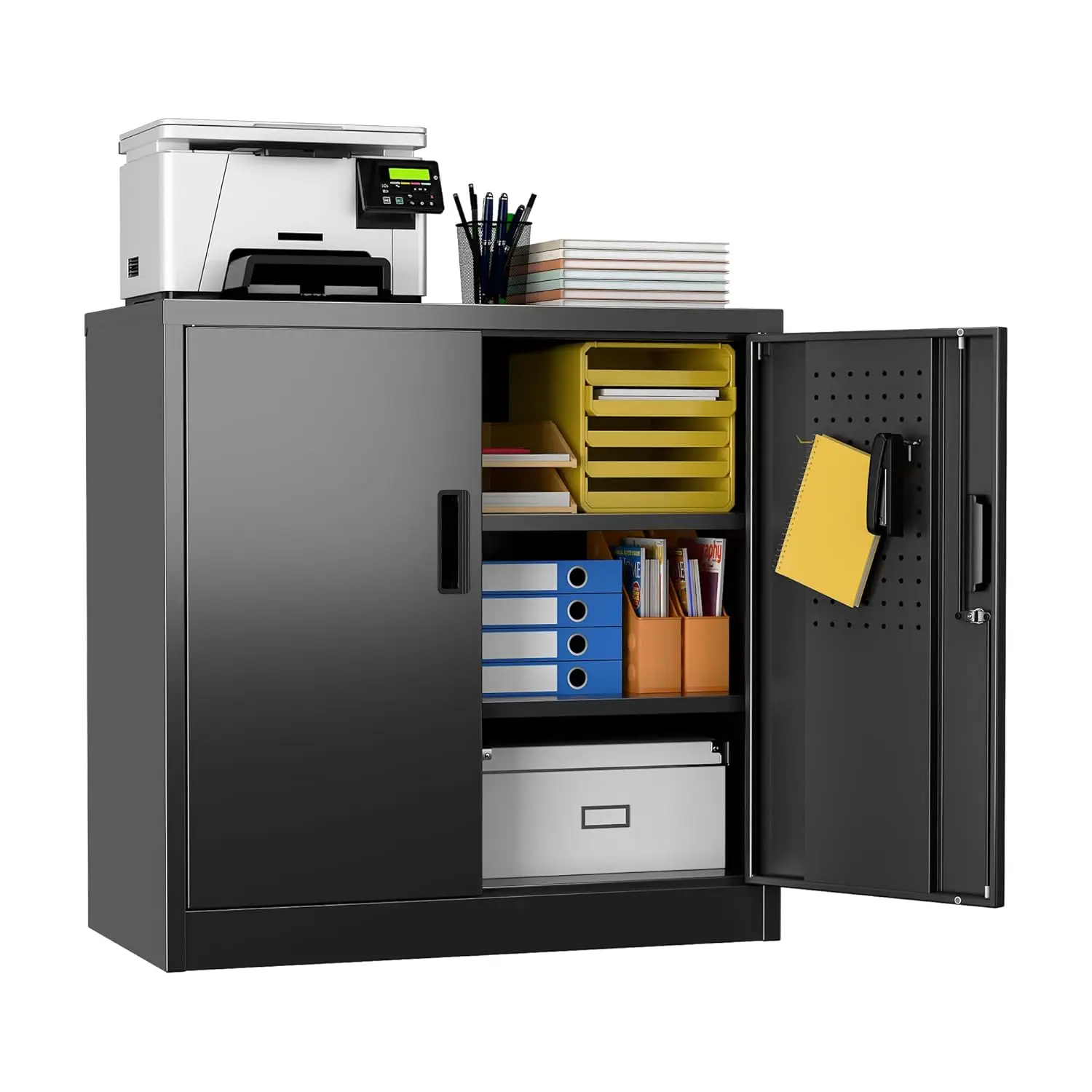 

Металлический шкаф для хранения, запираемый, 2 двери, 2 регулируемые полки, перфорированная доска для дома, школы, офиса, гаража, черный, по индивидуальному заказу