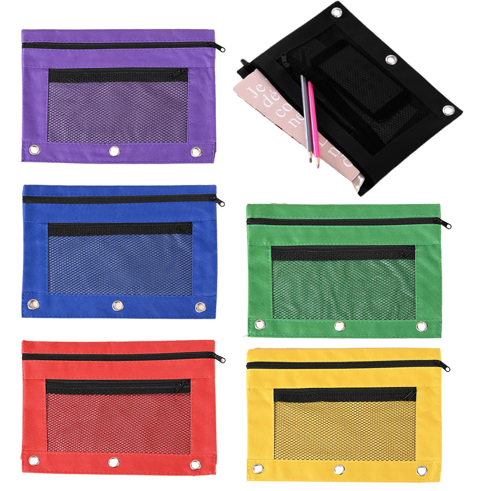 6pcs Double Zippers Pen Student Stationery Pencil Pouch Office Gift Canvas Mesh Multifunctional Indoor Outdoor Multicolored