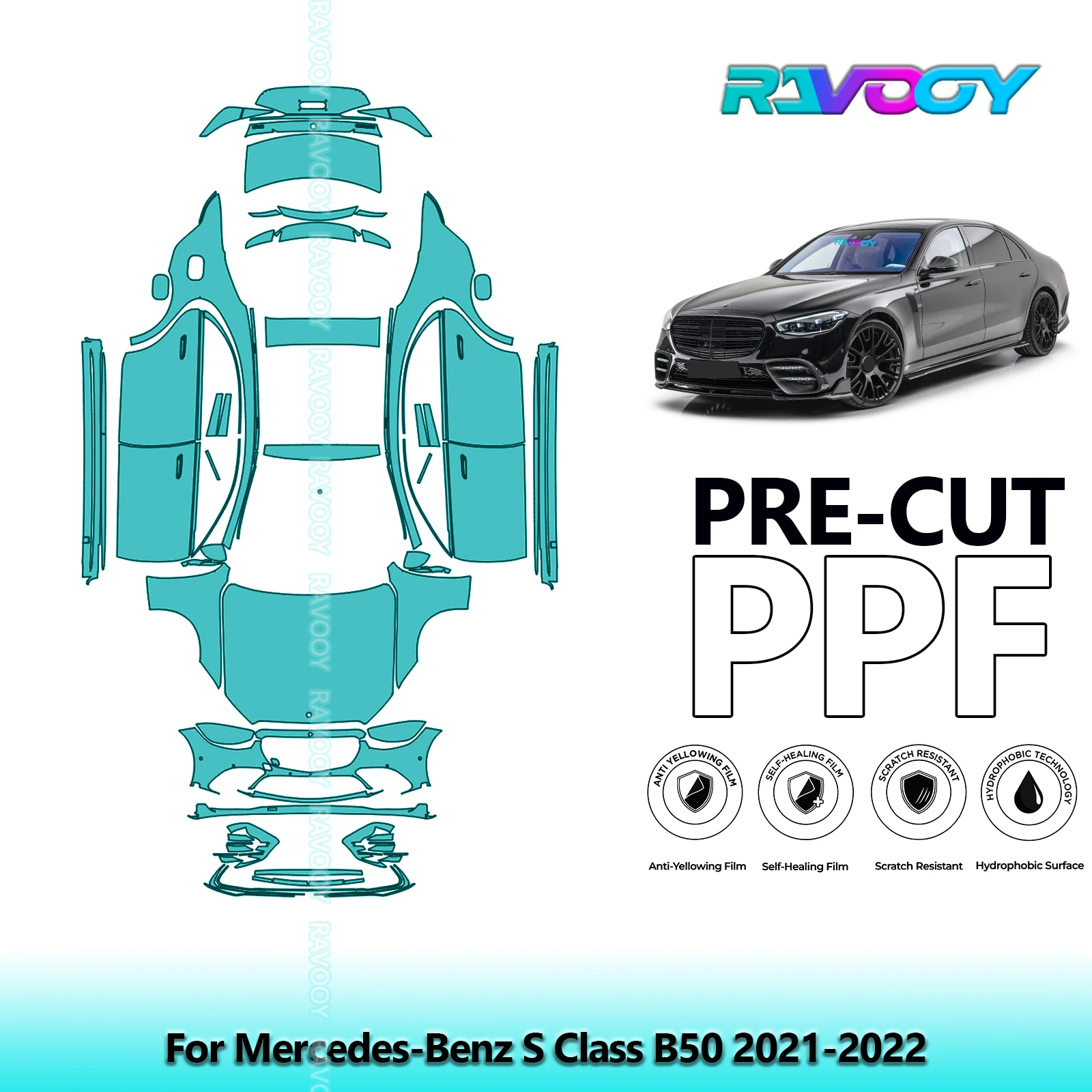 RAVOOY Custom-Fit Precut TPU PPF Full Vehicle Clear Bra Stone Guard EU UK For Mercedes-Benz S Class B50 2021-2022