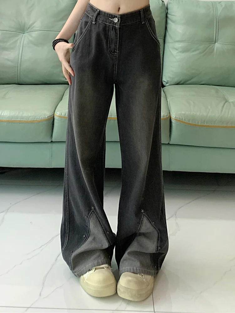 

2024 Spring New Woman American Retro Fashion Splicing Design Trousers High Street Oversized Jeans Black Hiphop Wide Legged Pants