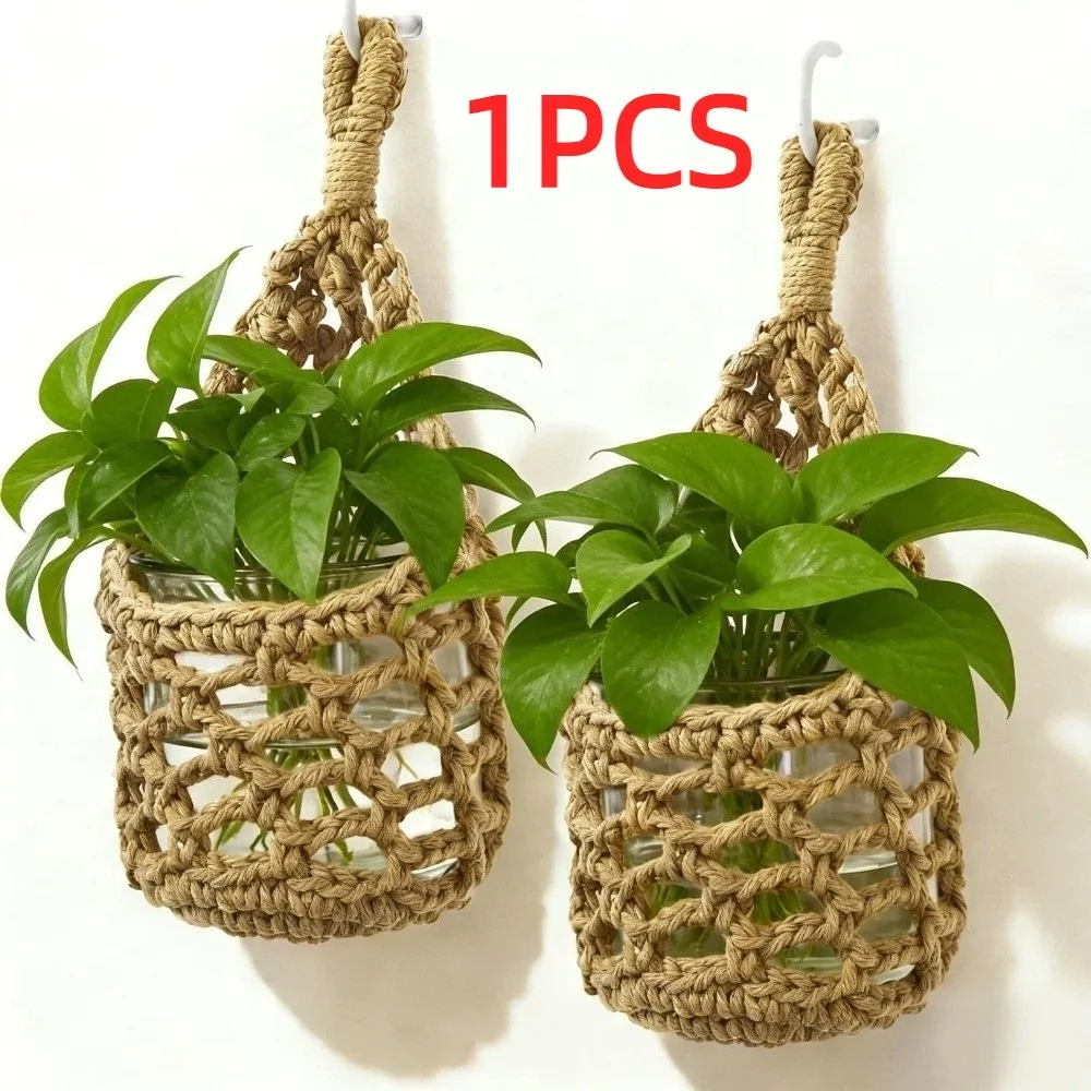 Boho Macrame Wall Plant Hanger Hollowed-out Cotton Fruit Net Bag for 4 Inch Pots Woven Storage Mesh Bag