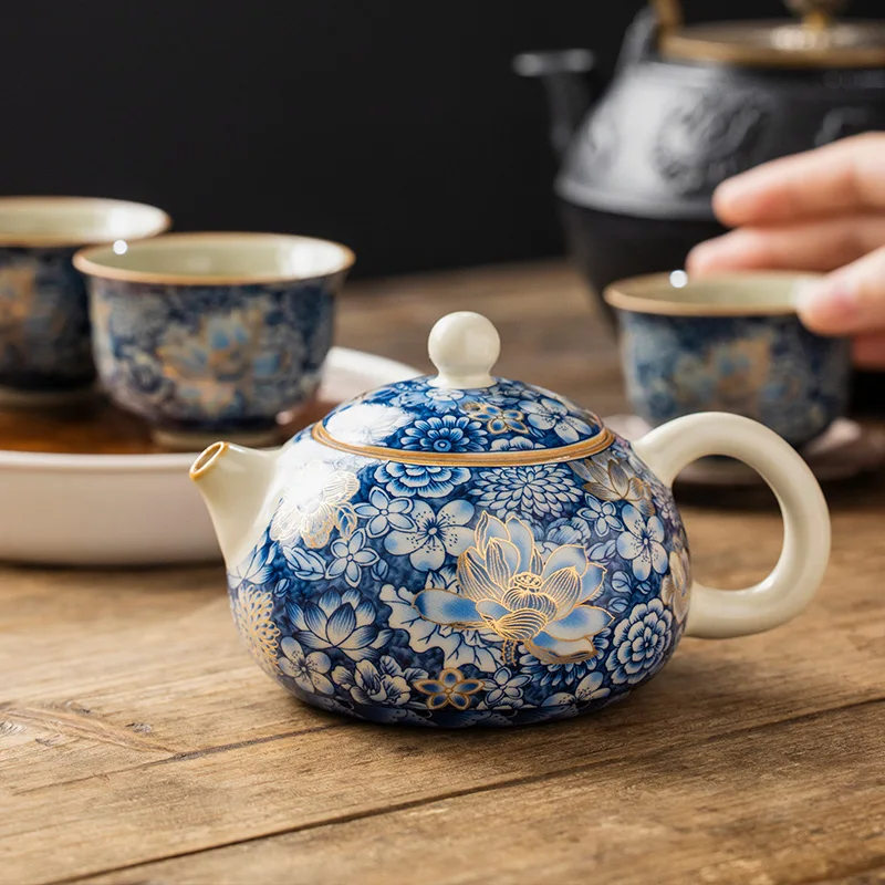 180ml Ru Kiln New Gold Blossoms Xishi Teapot High-end Exquisite Teapot Single pot Ru Yao Wan Hua Teapot Kung Fu Tea Set