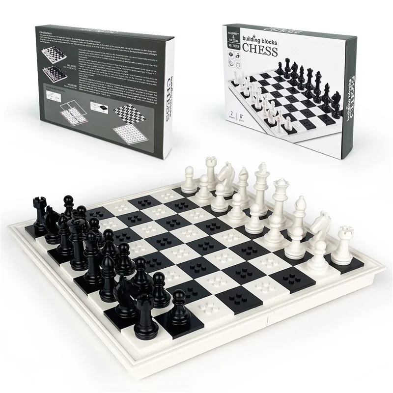 

Белый набор шахмат, складные строительные блоки премиум-класса с коробкой для хранения, черно-белый дизайн, настольная игровая игрушка для детей