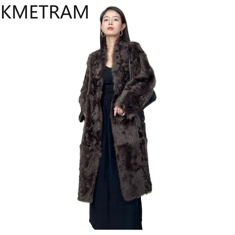 KMETRAM 100% Xiaohu Sheepskin with Wool Attached Coats Reversible Long Fur Jacket New Winter Fur Coat Woman Clothing 106cm 2026