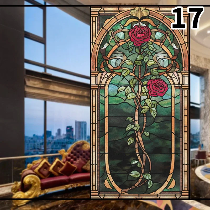 Colorful 3D Rose Design Stained Glass Window Privacy Film Static Cling Decals for Home Office Wedding Background Decor