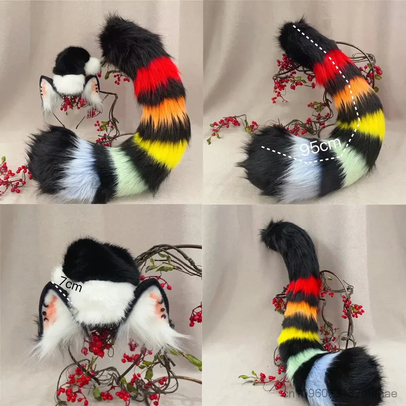 Plush Cosplay Props Beast Animals Black Cat Ears Hairhoop Headwear Rainbow Tail for Anime Lolita Costume Accessories
