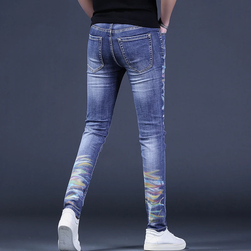 Multicolour Printed Blue Men\'s Jeans Casual Slim Fit Pencil Pants Korean Style Denim Trousers CP2228