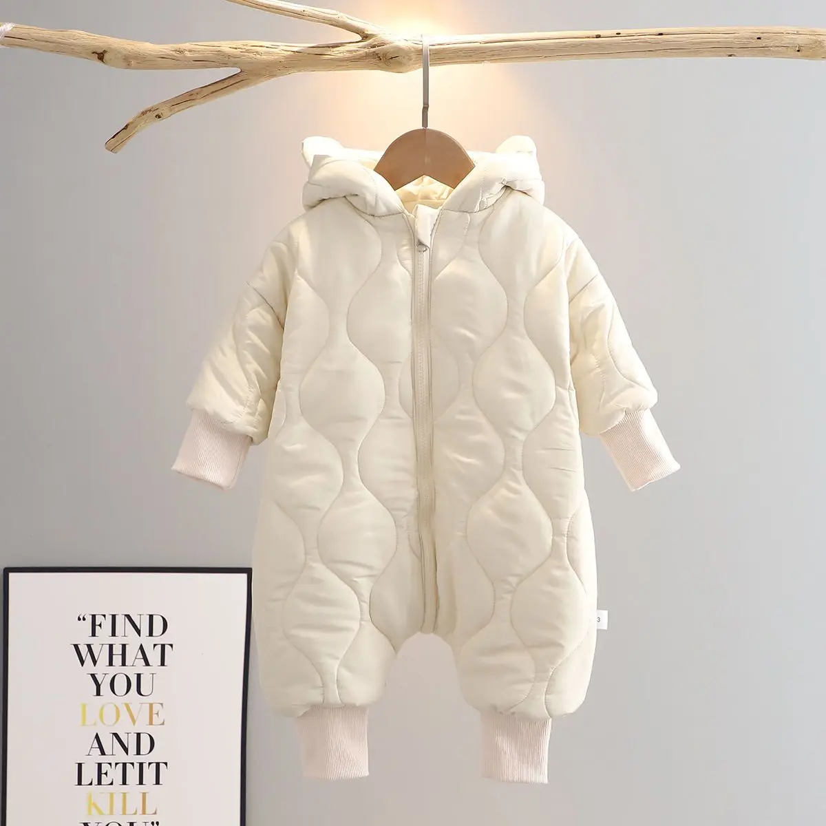 Winter thick jumpsuit for infants and young children, cotton clothing with fleece hood, outdoor warm and windproof clothing
