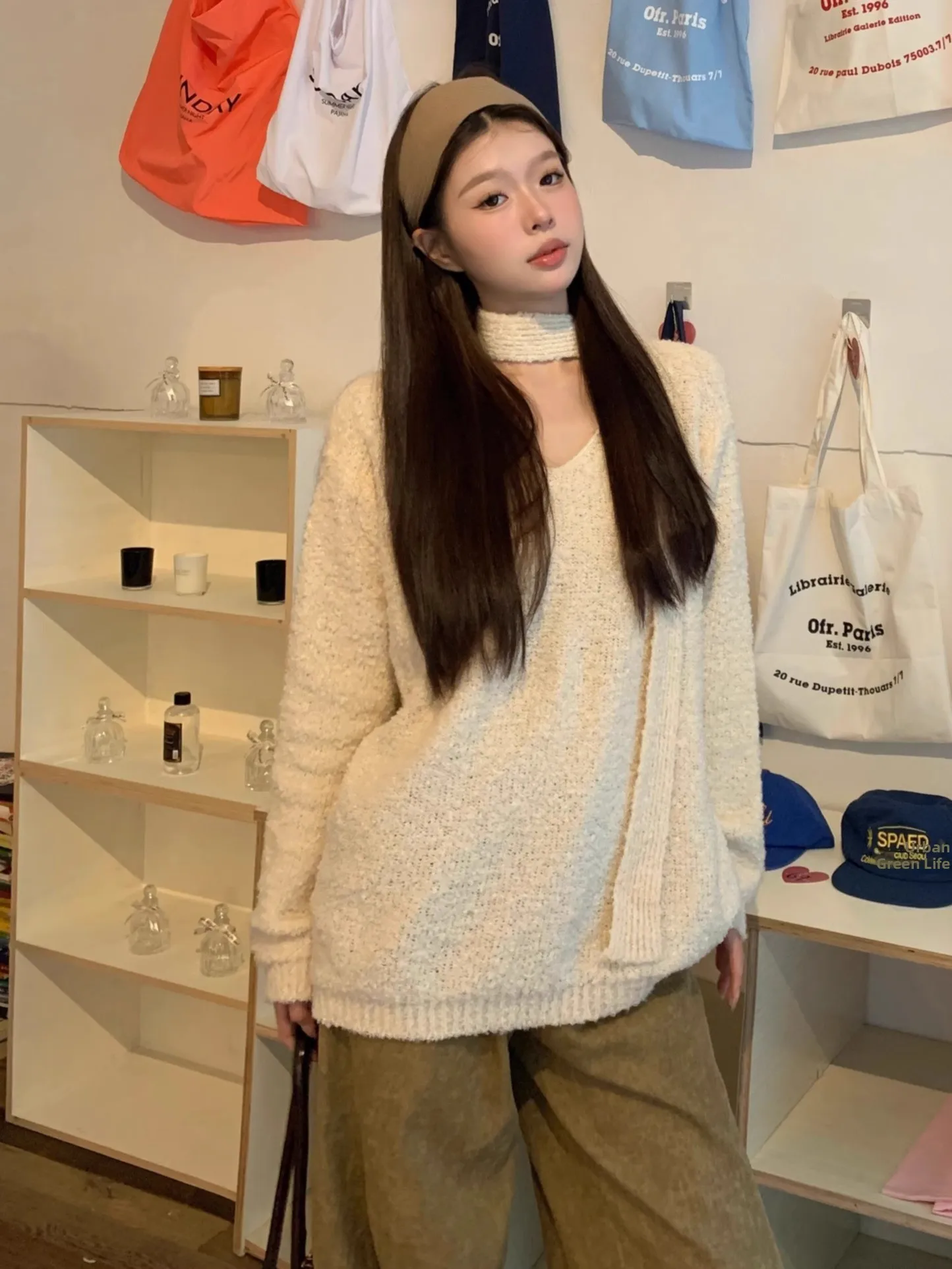 루즈핏 레드 니트 스웨터, 스카프 포함, 가을 겨울용 따뜻한 V넥 롱 스웨터, 여성용 상의