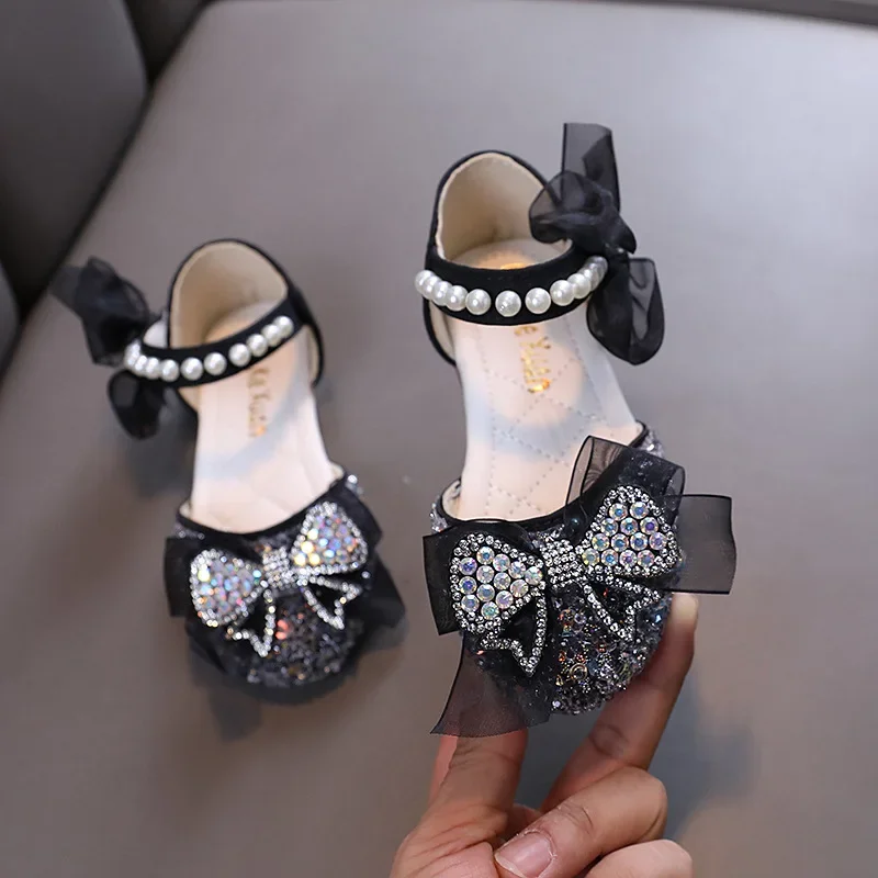 Children\'s Sandals Sweet Rhinestone Bowtie Princess Shoes for Girls Summer Fashion Elegant Pearl Kids Causal Dress Flat Sandals