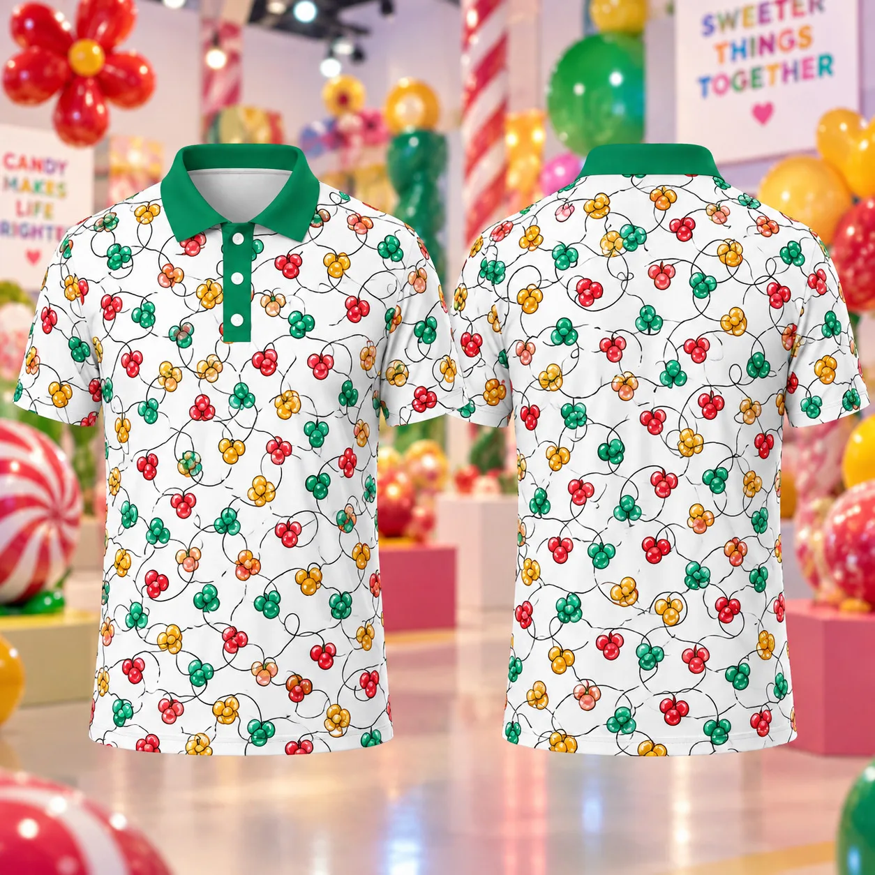 Men's Christmas Polo Shirt Colorful Bauble Wreath 3D All Over Print Short Sleeve Holiday Party Golf Top