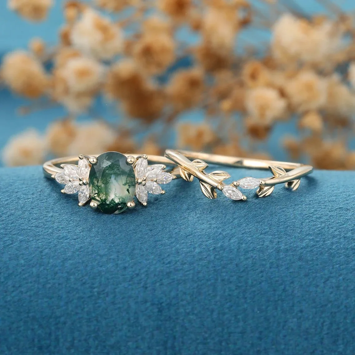 Luxury Oval Cut Moss Agate Ring Engagement Ring Set 925 Sterling Silver Gold Plated Leaf Branch Rings for Woman Bridal Sets