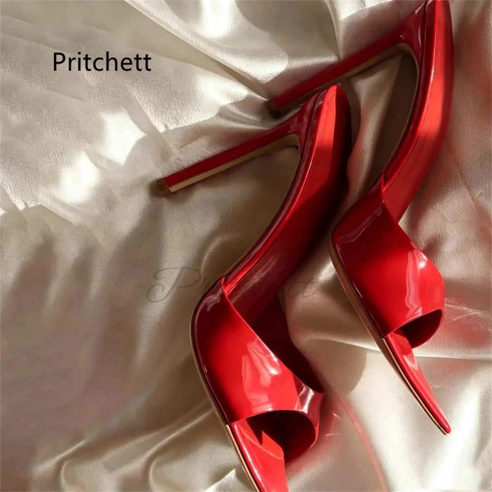 Patent Leather Stiletto Modern Slippers for Women Open Pointed Toe Backless Slip On Slide Sandals Sexy Party Summer Shoes