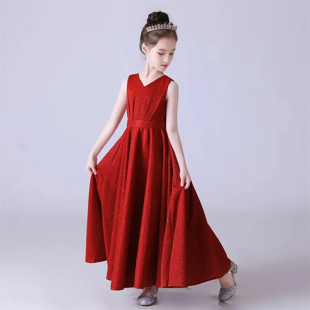 KYDYNQJ Shiny Pleat Junior Bridesmaid Dresses Sleeveless Flower Girl For Wedding V Neck Kids First Communion For Teens