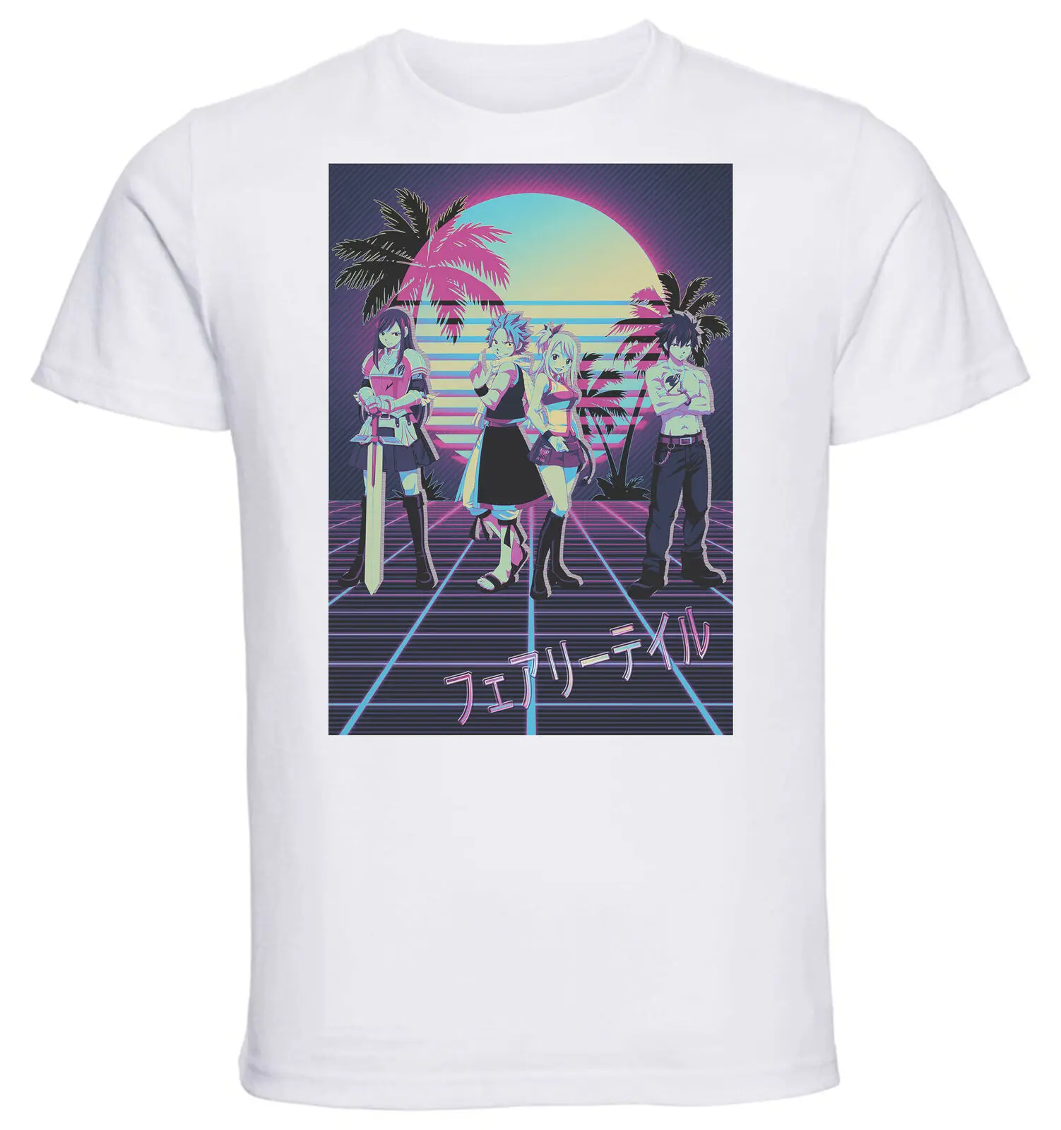 T-Shirt White Vaporwave 80s Style Fairy Tail Characters-