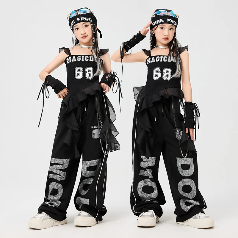 

Kid Kpop Hip Hop Clothing Black Strap Ruffled Hem Crop Tank Top Casual Wide Sweat Pants for Girl Jazz Dance Wear Costume Clothes
