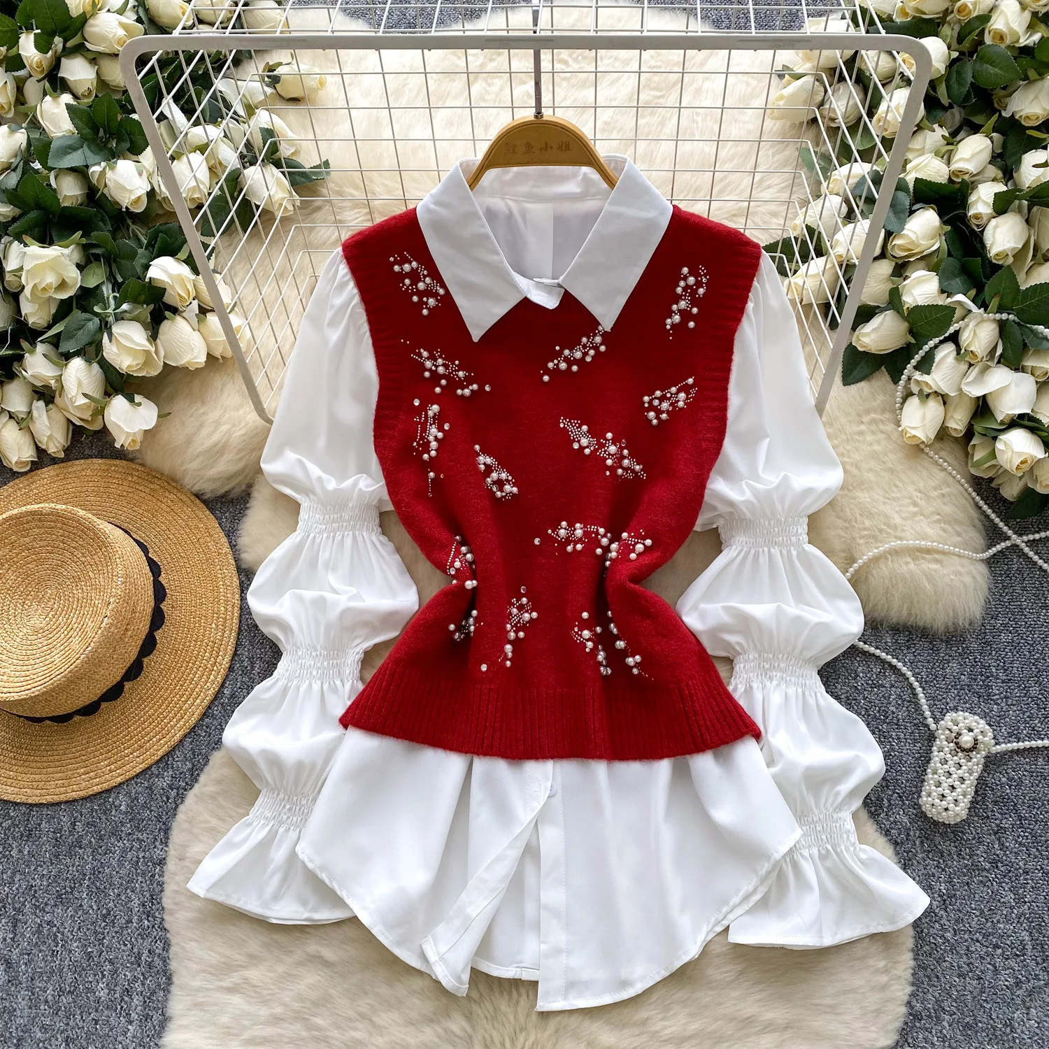 

Two Pieces Women Shirt Beaded Blouses Rhinestone Knitted Round Neck Vest Single Breasted Long Sleeves Shirt 2025 Spring Autumn