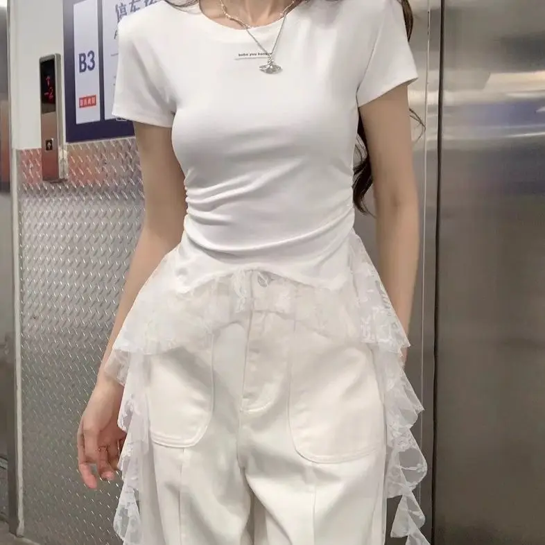 Lace Ribbon Short-sleeve T-shirt for Women Summer New Irregular Waist-cinching Slim Top