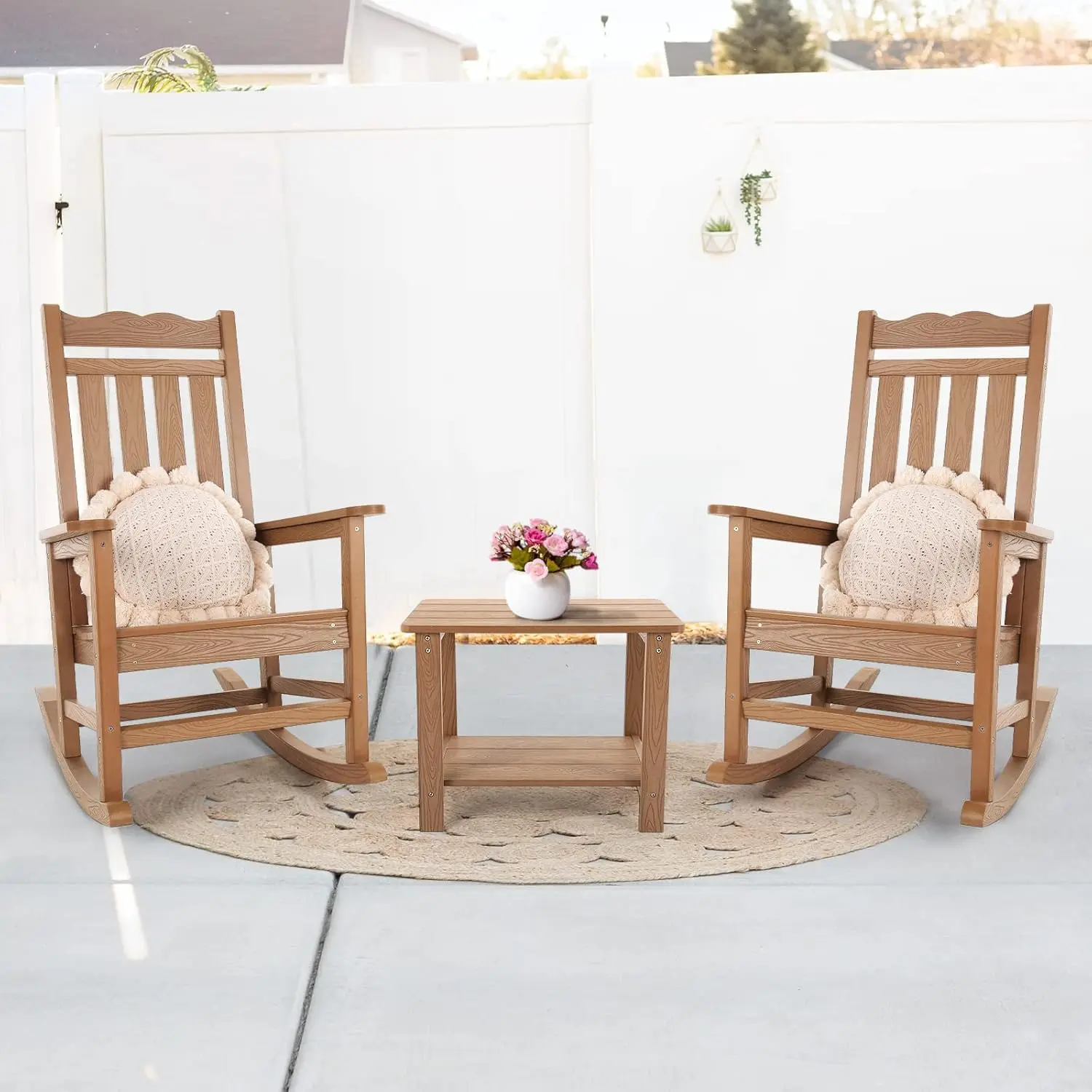 3-Piece All-Weather Rocking Chairs Set of 2 with Table, Outdoor Rocking Chair with 400 lbs Weight Capacity, Rocking Chairs, Teak